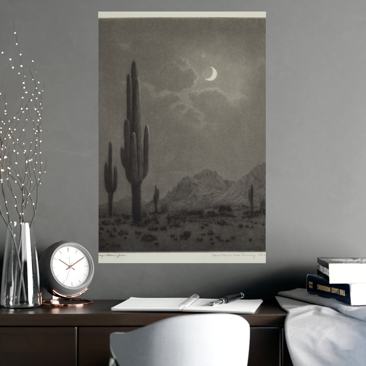 New Moon and Evening Star over Cactus- Celestial Fine Art Poster