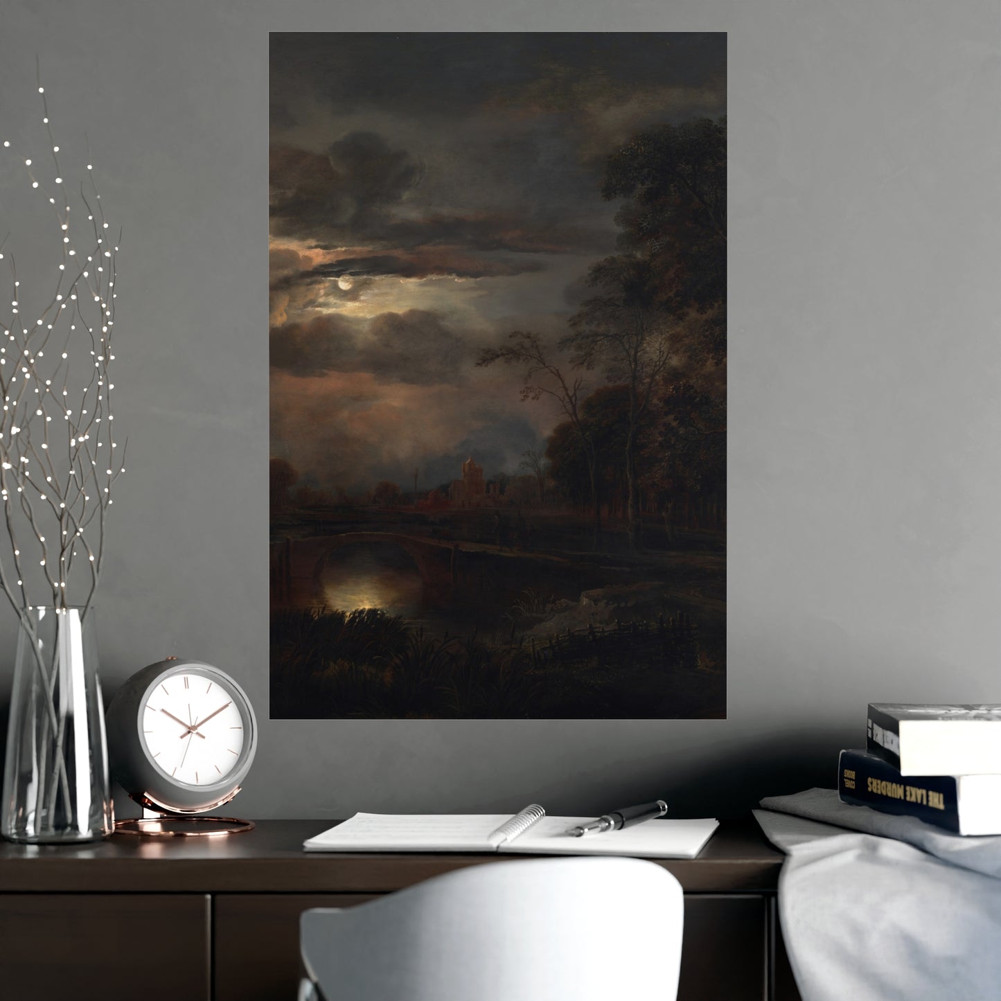 Moonlit Landscape with Bridge - Romantic Night Fine Art Poster