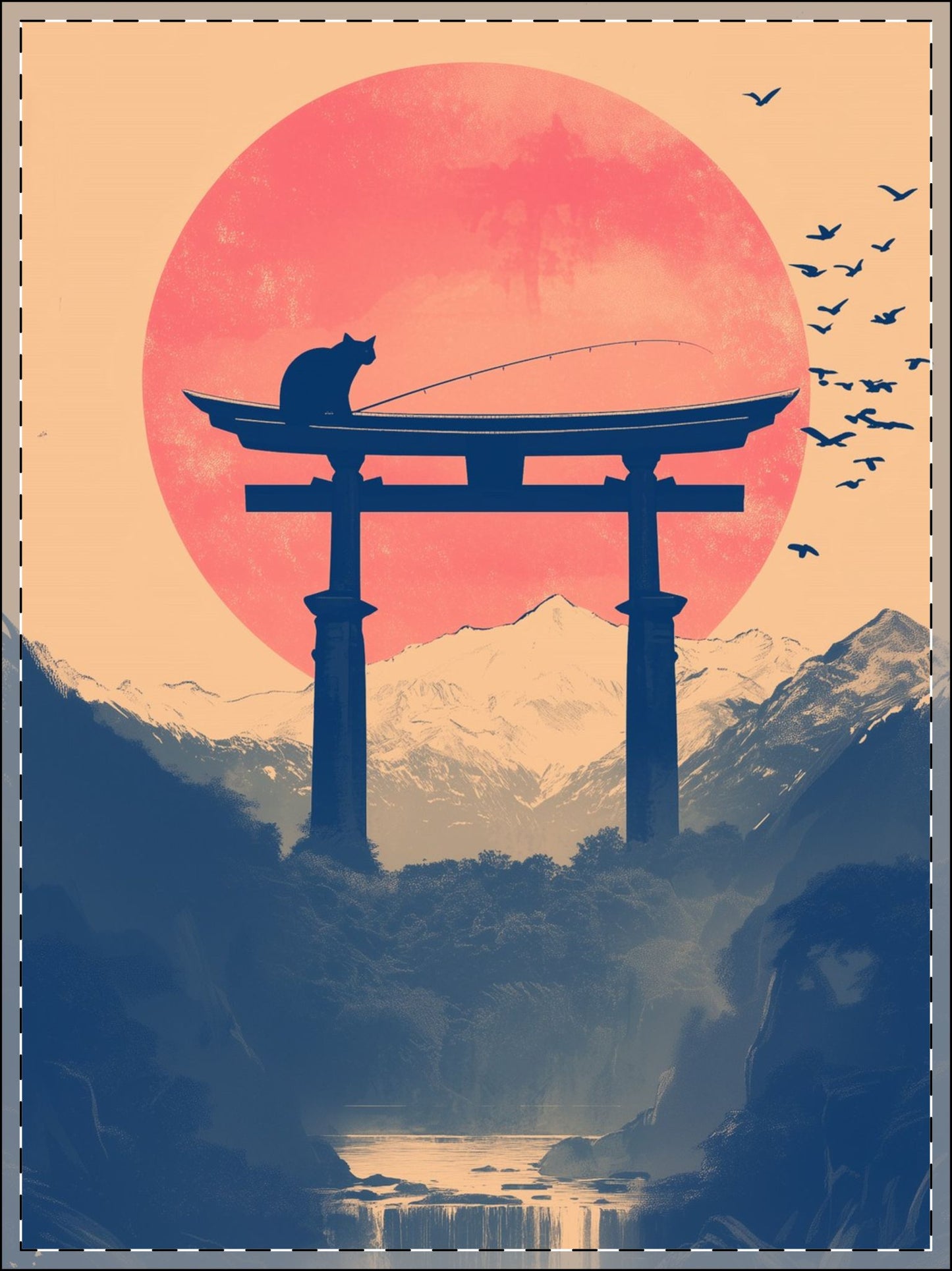 Cat on Torii Gate Zen Japanese Framed Wall Art