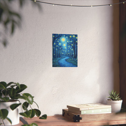 Dreamy Night - Fireflies in the Forest - Fine Art Painting - Print - Matte Vertical Poster - Magical Blue Aesthetic Wall Art