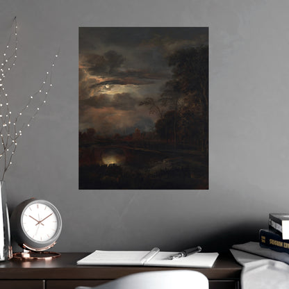 Moonlit Landscape with Bridge - Romantic Night Fine Art Poster