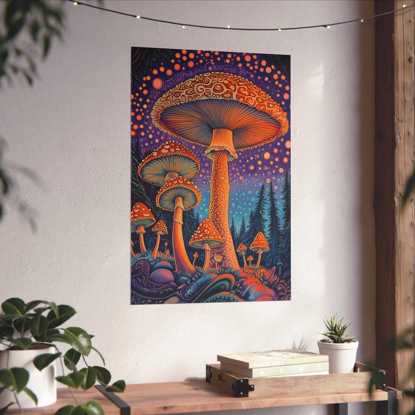 Psychedelic Night Mushroom Art Print - Vertical Poster - Vibrant Wall Art - Nature - Trippy - Bedroom Poster