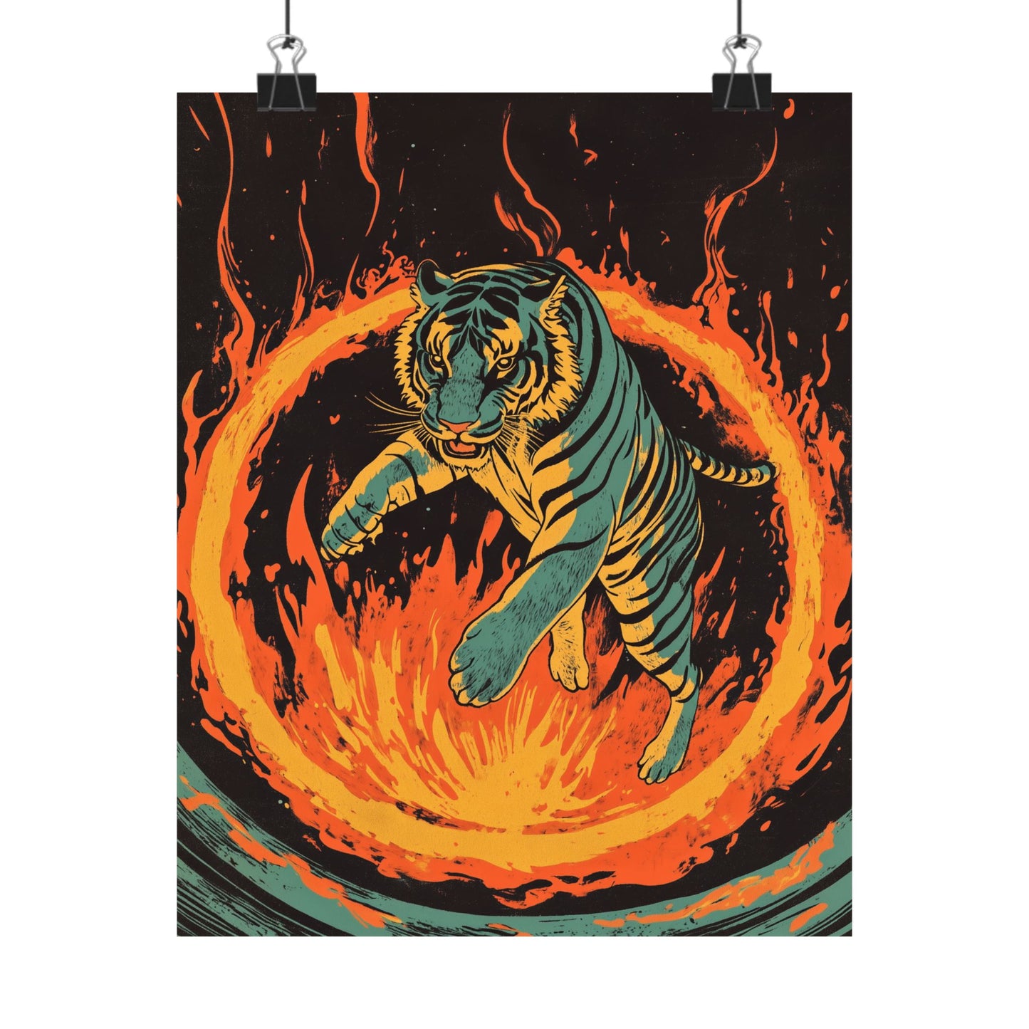 Unleashed - Tiger Jumping Through A Ring of Flames - Matte Vertical Poster - Eye-Catching Wall Art