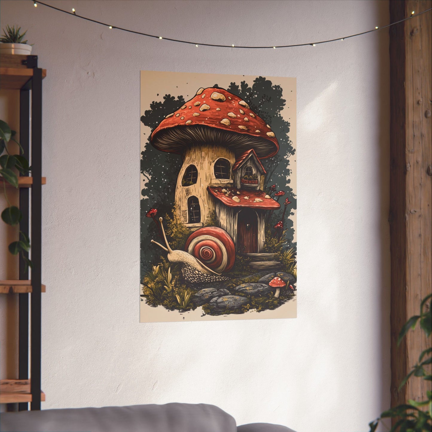 Whimsical Snail Mushroom House - Vertical Botanical Poster - Perfect for Dorm Room or Bedroom Wall Art