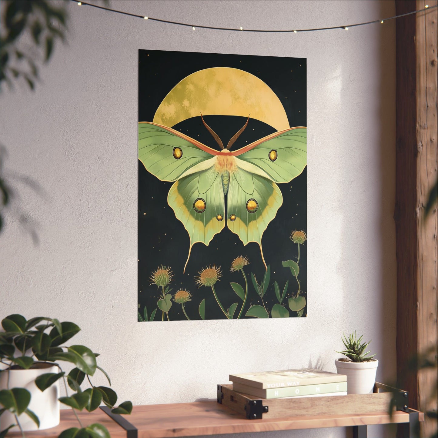 Dreamy Luna Moth Under the Moon Poster- Matte Vertical Art Print - Boho Wall Art - Bohemian - Art Noveau - Art Deco