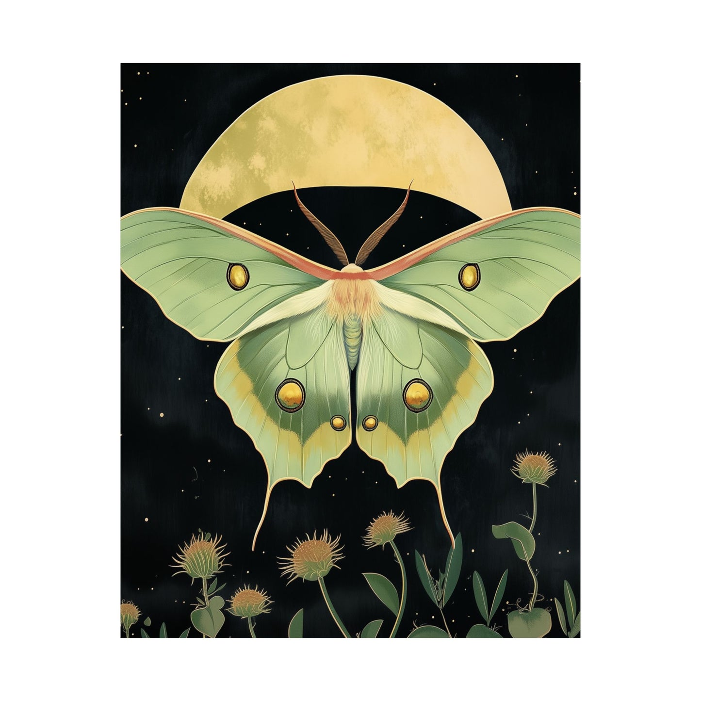 Dreamy Luna Moth Under the Moon Poster- Matte Vertical Art Print - Boho Wall Art - Bohemian - Art Noveau - Art Deco