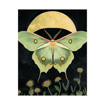 Dreamy Luna Moth Under the Moon Poster- Matte Vertical Art Print - Boho Wall Art - Bohemian - Art Noveau - Art Deco