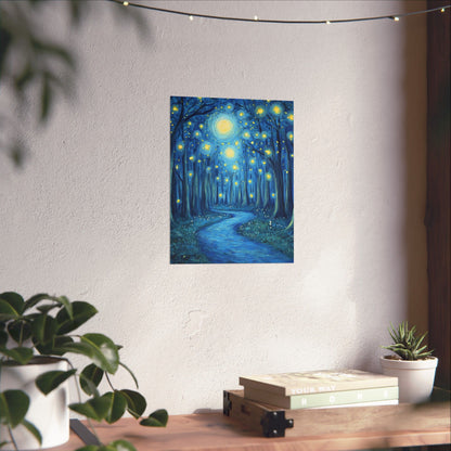 Dreamy Night - Fireflies in the Forest - Fine Art Painting - Print - Matte Vertical Poster - Magical Blue Aesthetic Wall Art