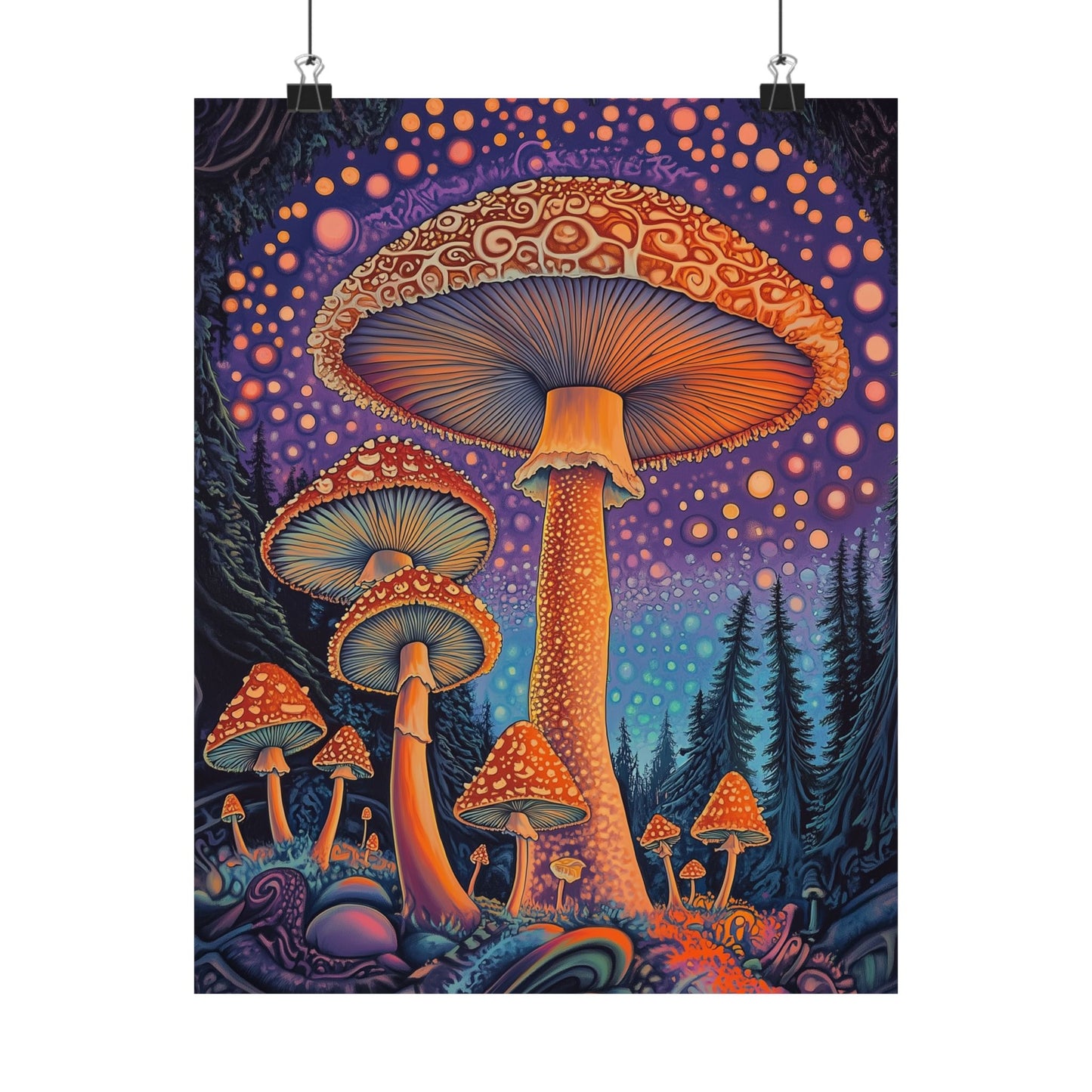 Psychedelic Night Mushroom Art Print - Vertical Poster - Vibrant Wall Art - Nature - Trippy - Bedroom Poster