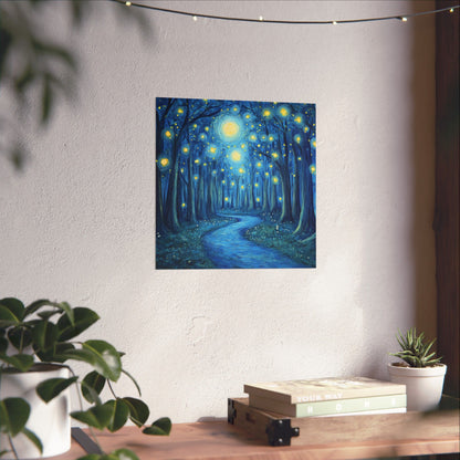 Dreamy Night - Fireflies in the Forest - Fine Art Painting - Print - Matte Vertical Poster - Magical Blue Aesthetic Wall Art