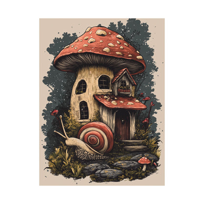 Whimsical Snail Mushroom House - Vertical Botanical Poster - Perfect for Dorm Room or Bedroom Wall Art