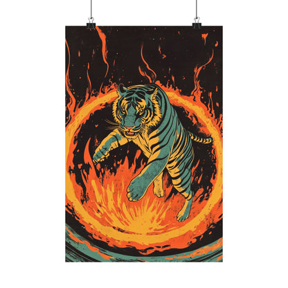 Unleashed - Tiger Jumping Through A Ring of Flames - Matte Vertical Poster - Eye-Catching Wall Art