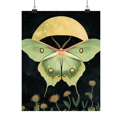 Dreamy Luna Moth Under the Moon Poster- Matte Vertical Art Print - Boho Wall Art - Bohemian - Art Noveau - Art Deco