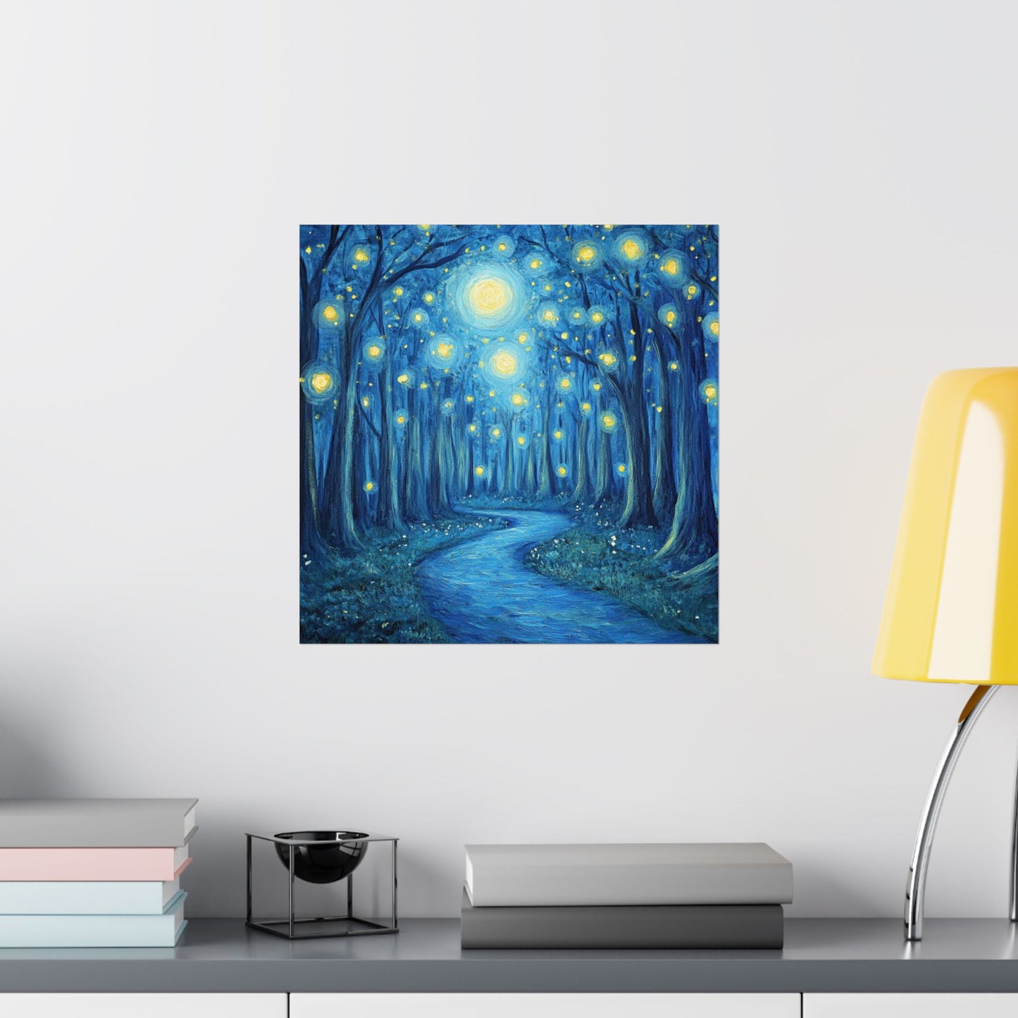 Dreamy Night - Fireflies in the Forest - Fine Art Painting - Print - Matte Vertical Poster - Magical Blue Aesthetic Wall Art