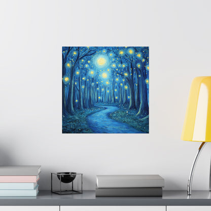 Dreamy Night - Fireflies in the Forest - Fine Art Painting - Print - Matte Vertical Poster - Magical Blue Aesthetic Wall Art