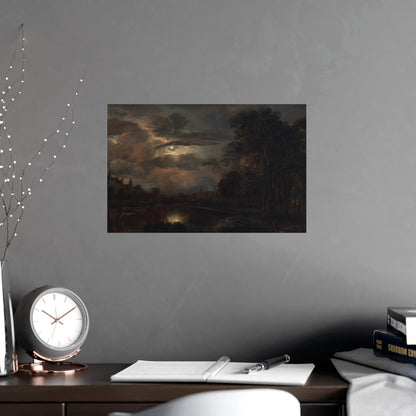 Moonlit Landscape with Bridge - Romantic Night Fine Art Poster