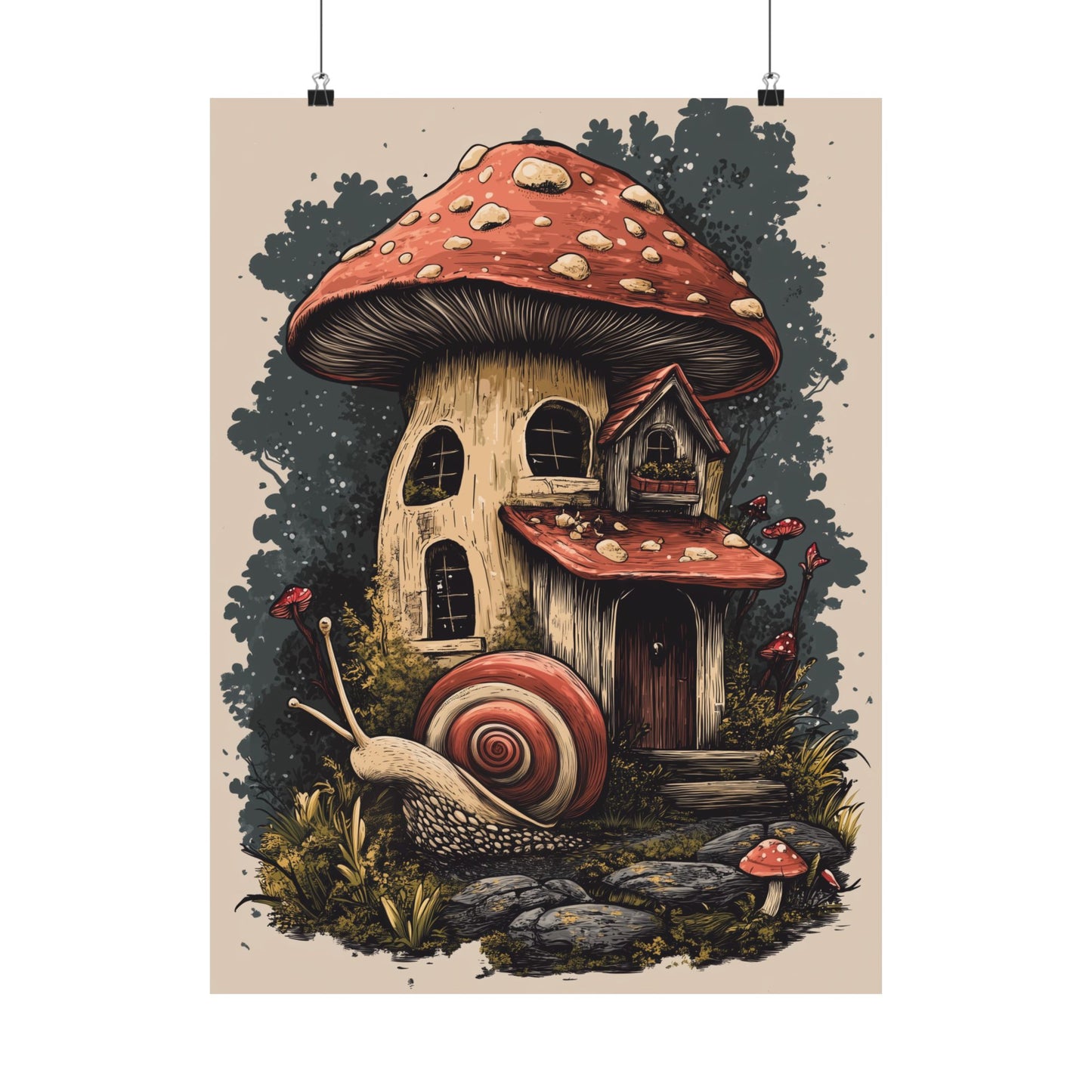 Whimsical Snail Mushroom House - Vertical Botanical Poster - Perfect for Dorm Room or Bedroom Wall Art