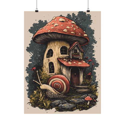 Whimsical Snail Mushroom House - Vertical Botanical Poster - Perfect for Dorm Room or Bedroom Wall Art