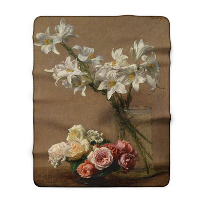 Henri Fantin-Latour : Roses and Lilies (1888) - Giclee Fine Art Print - Museum Collection Fine Art Throw Blanket