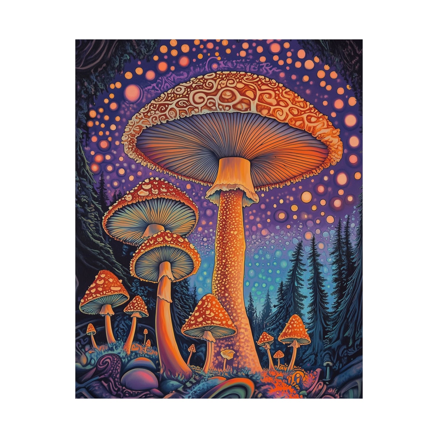 Psychedelic Night Mushroom Art Print - Vertical Poster - Vibrant Wall Art - Nature - Trippy - Bedroom Poster