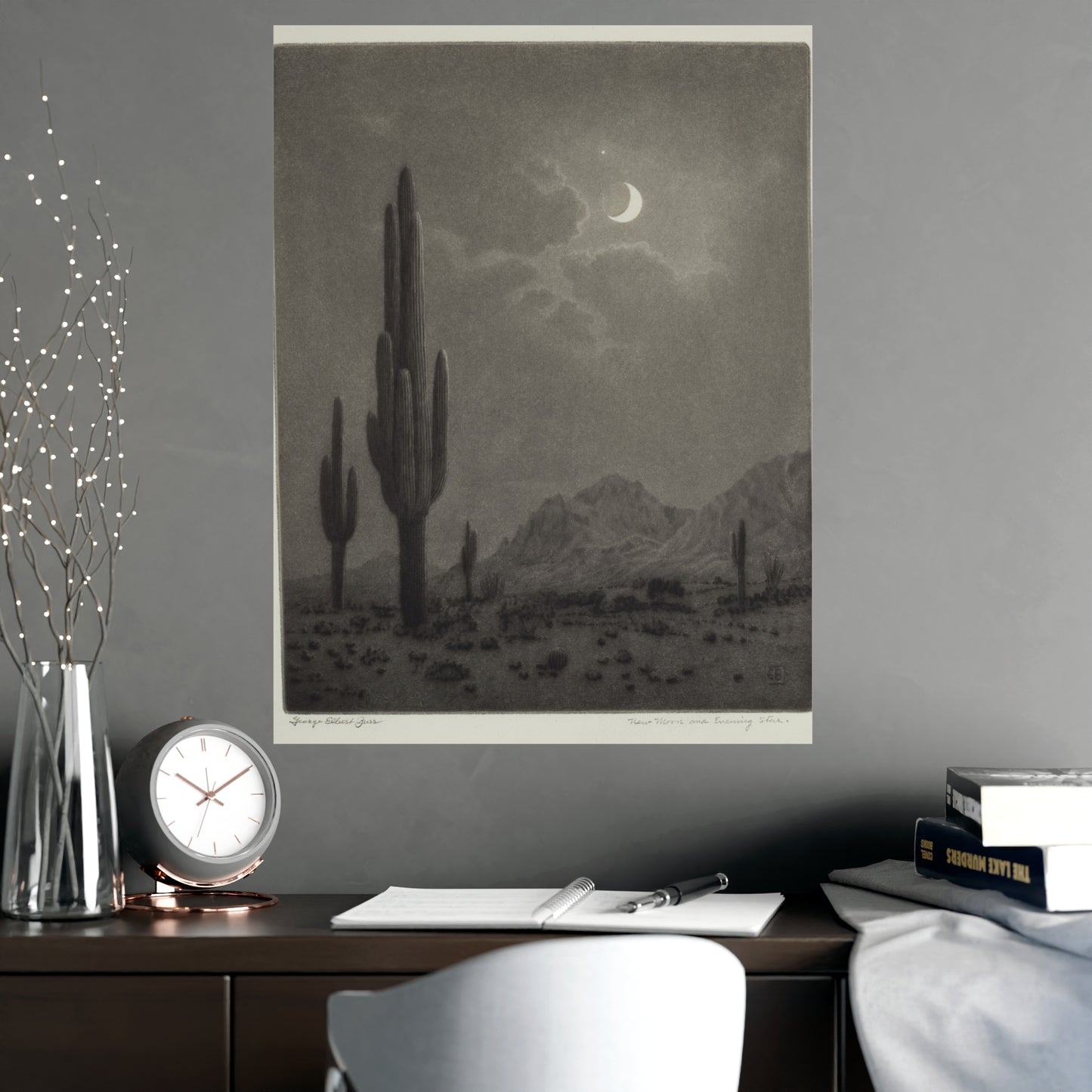 New Moon and Evening Star over Cactus- Celestial Fine Art Poster