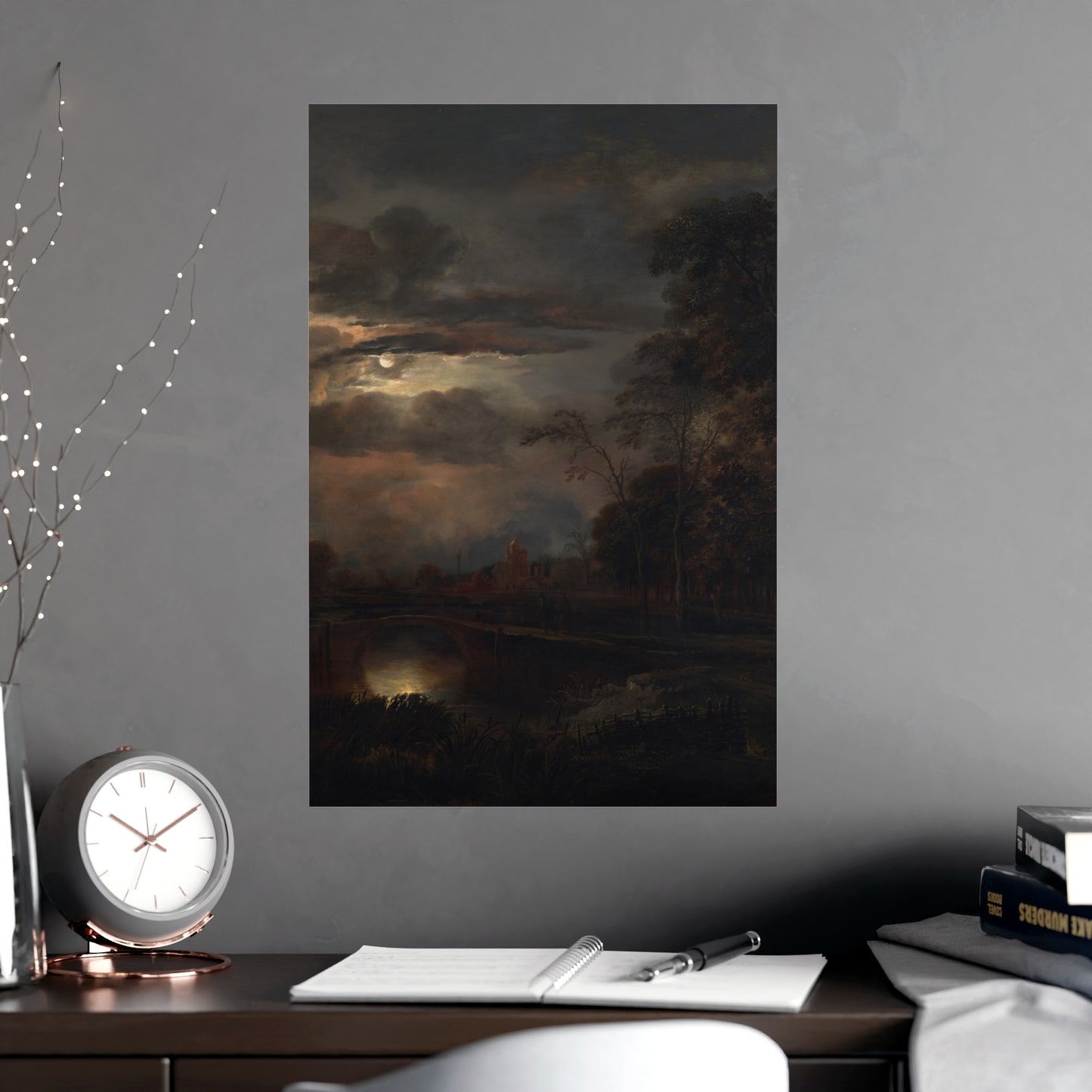 Moonlit Landscape with Bridge - Romantic Night Fine Art Poster