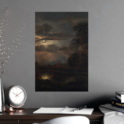 Moonlit Landscape with Bridge - Romantic Night Fine Art Poster