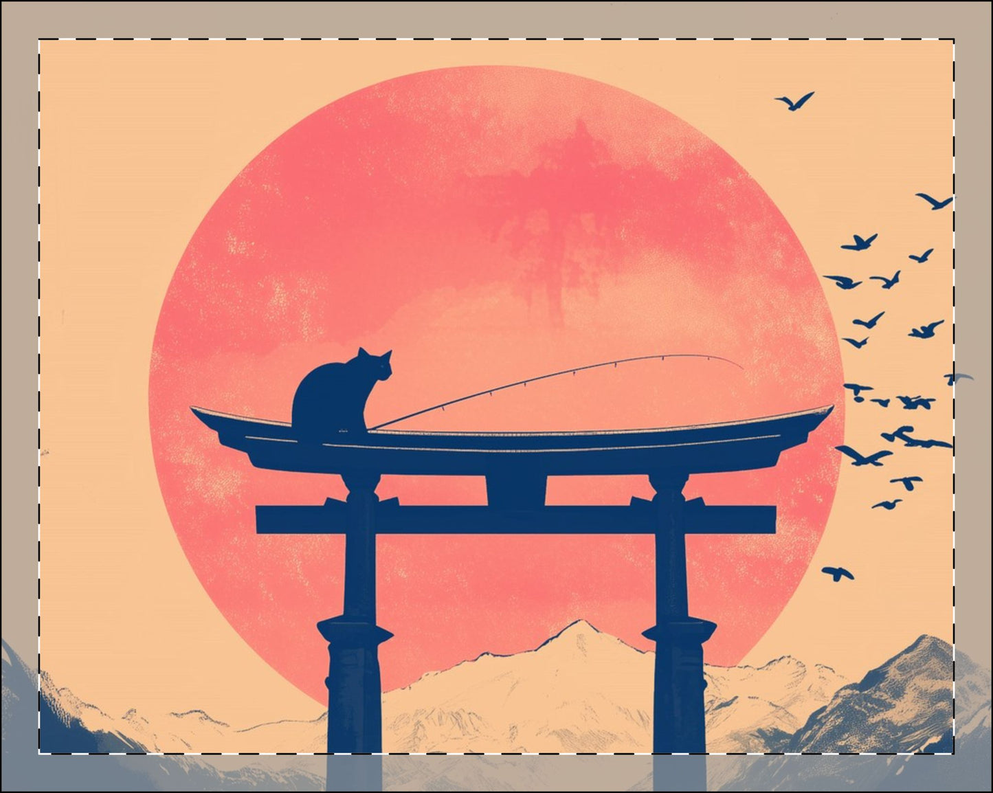 Cat on Torii Gate Zen Japanese Framed Wall Art