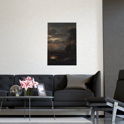 Moonlit Landscape with Bridge - Romantic Night Fine Art Poster