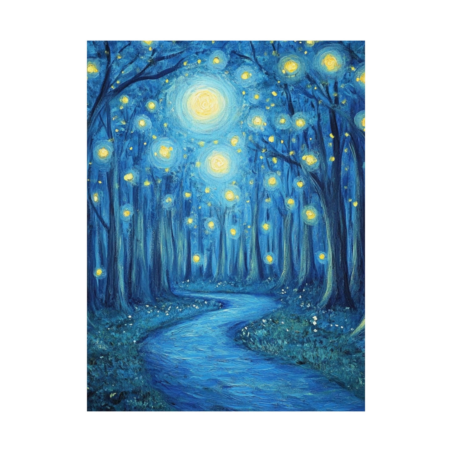 Dreamy Night - Fireflies in the Forest - Fine Art Painting - Print - Matte Vertical Poster - Magical Blue Aesthetic Wall Art