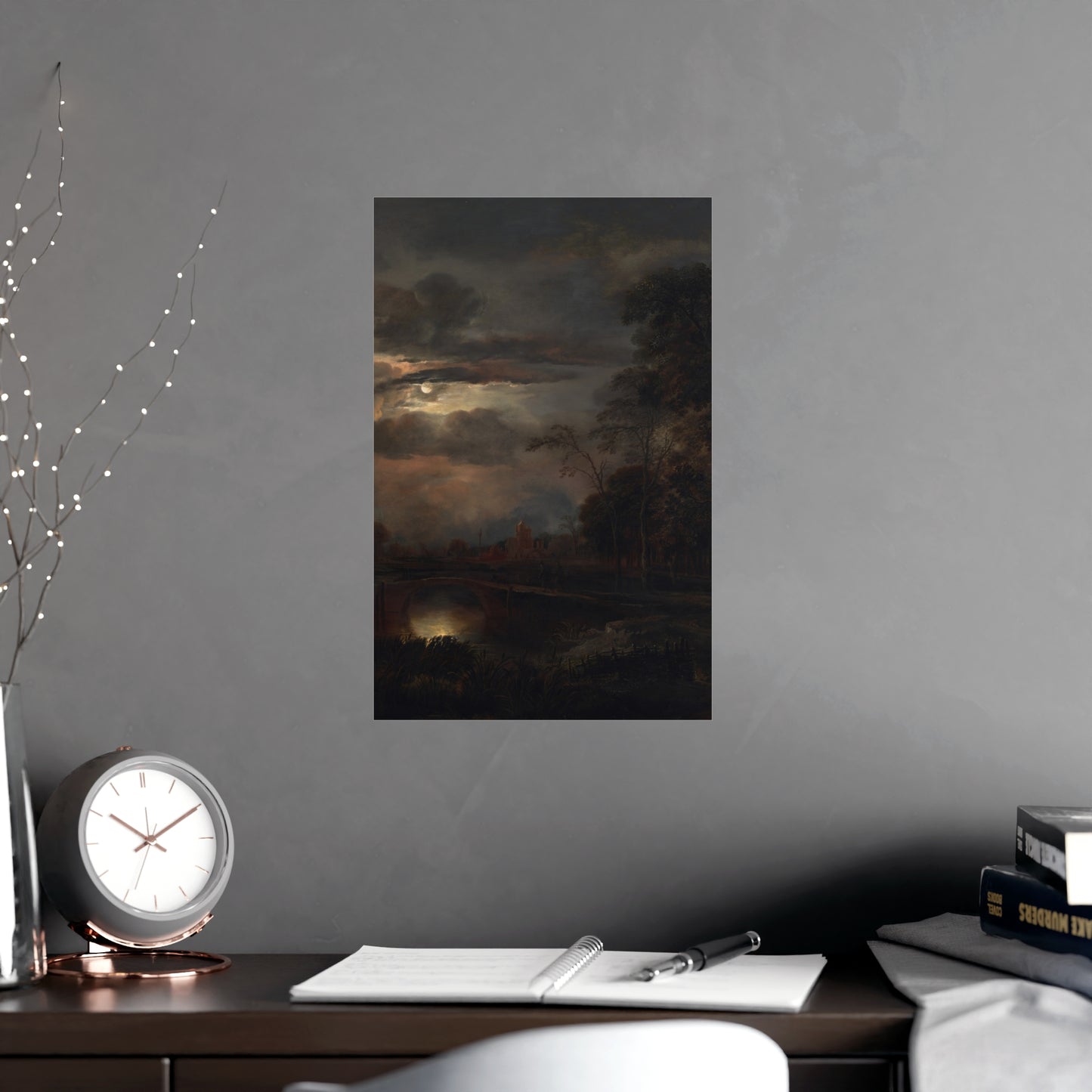 Moonlit Landscape with Bridge - Romantic Night Fine Art Poster