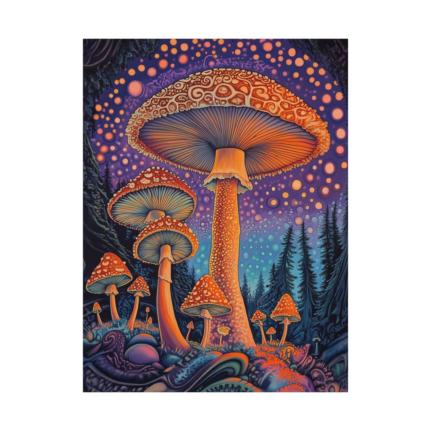 Psychedelic Night Mushroom Art Print - Vertical Poster - Vibrant Wall Art - Nature - Trippy - Bedroom Poster