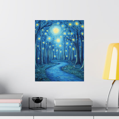 Dreamy Night - Fireflies in the Forest - Fine Art Painting - Print - Matte Vertical Poster - Magical Blue Aesthetic Wall Art