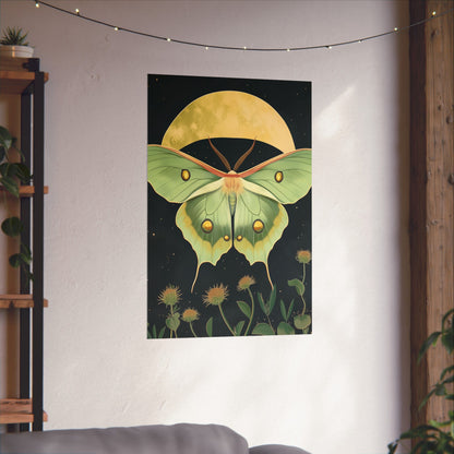 Dreamy Luna Moth Under the Moon Poster- Matte Vertical Art Print - Boho Wall Art - Bohemian - Art Noveau - Art Deco