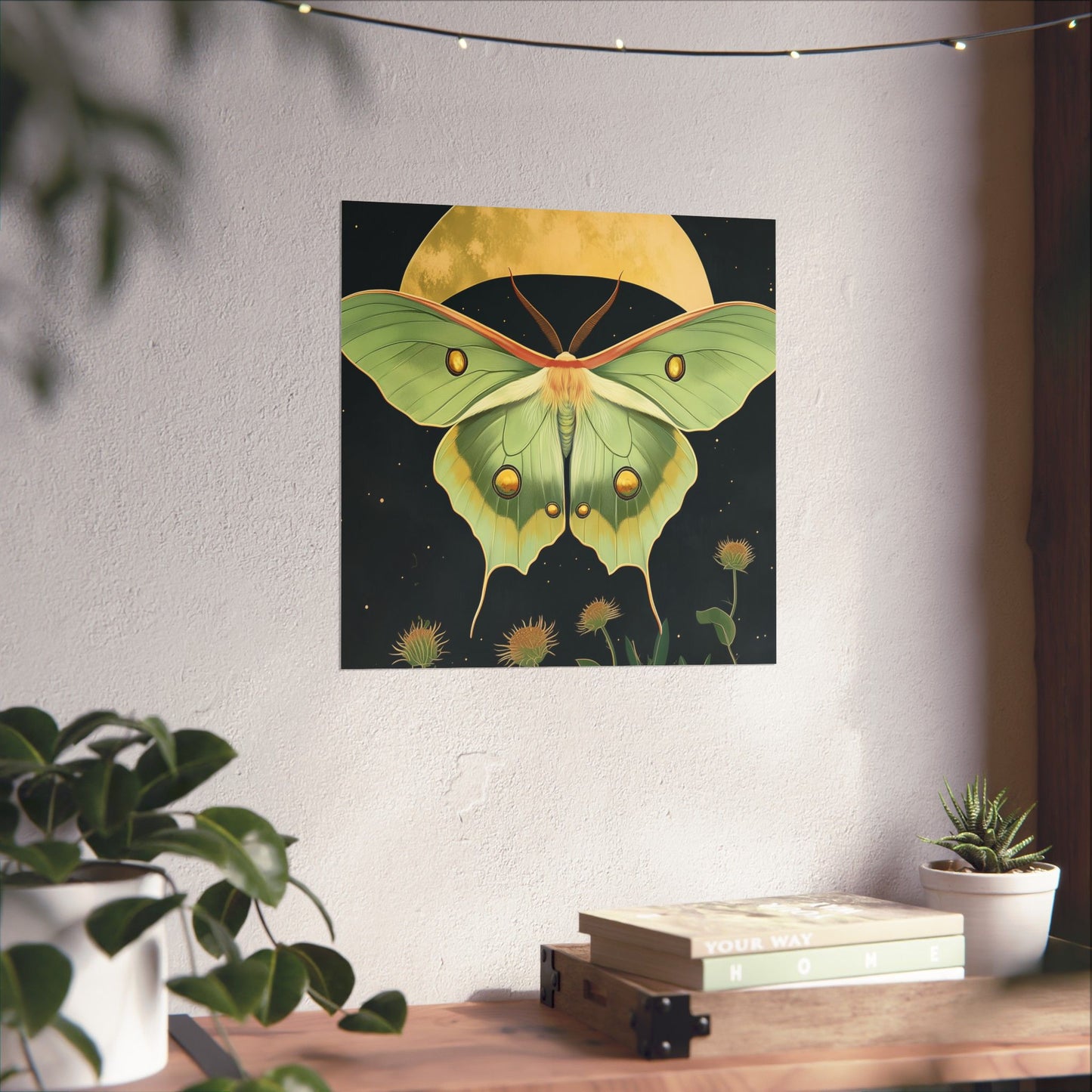 Dreamy Luna Moth Under the Moon Poster- Matte Vertical Art Print - Boho Wall Art - Bohemian - Art Noveau - Art Deco