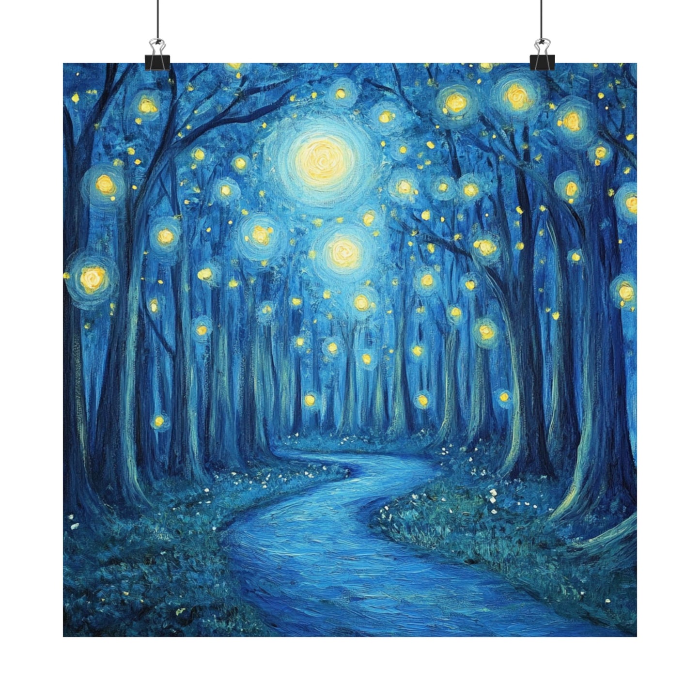 Dreamy Night - Fireflies in the Forest - Fine Art Painting - Print - Matte Vertical Poster - Magical Blue Aesthetic Wall Art