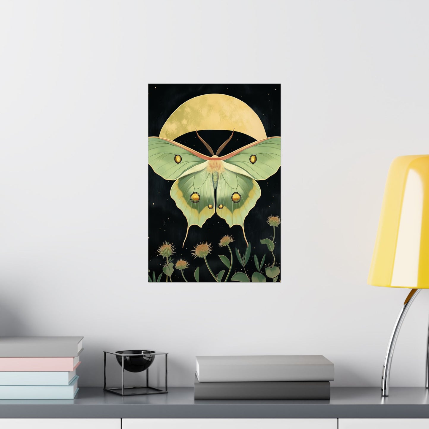 Dreamy Luna Moth Under the Moon Poster- Matte Vertical Art Print - Boho Wall Art - Bohemian - Art Noveau - Art Deco