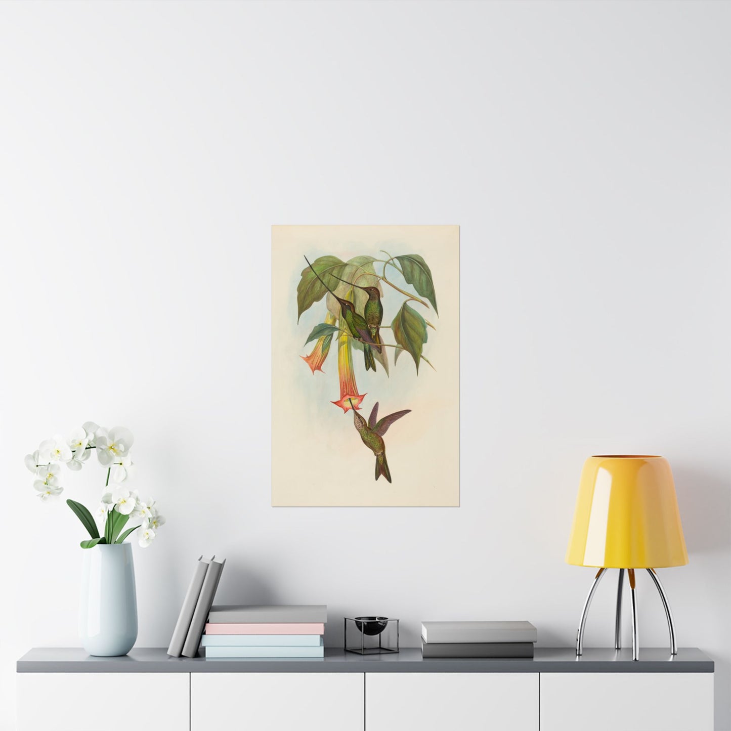 Hummingbird Botanical Art Print - Matte Vertical Poster - Nature Inspired Wall Art - Vintage Bird Watcher Art