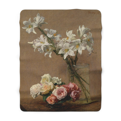 Henri Fantin-Latour : Roses and Lilies (1888) - Giclee Fine Art Print - Museum Collection Fine Art Throw Blanket