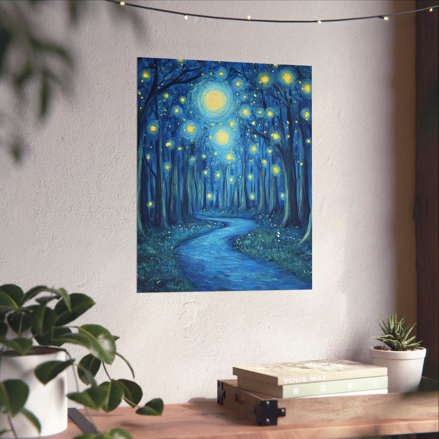 Dreamy Night - Fireflies in the Forest - Fine Art Painting - Print - Matte Vertical Poster - Magical Blue Aesthetic Wall Art
