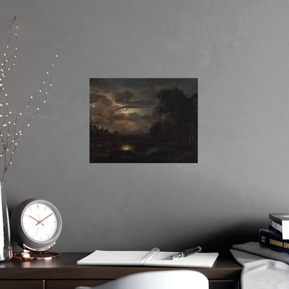 Moonlit Landscape with Bridge - Romantic Night Fine Art Poster