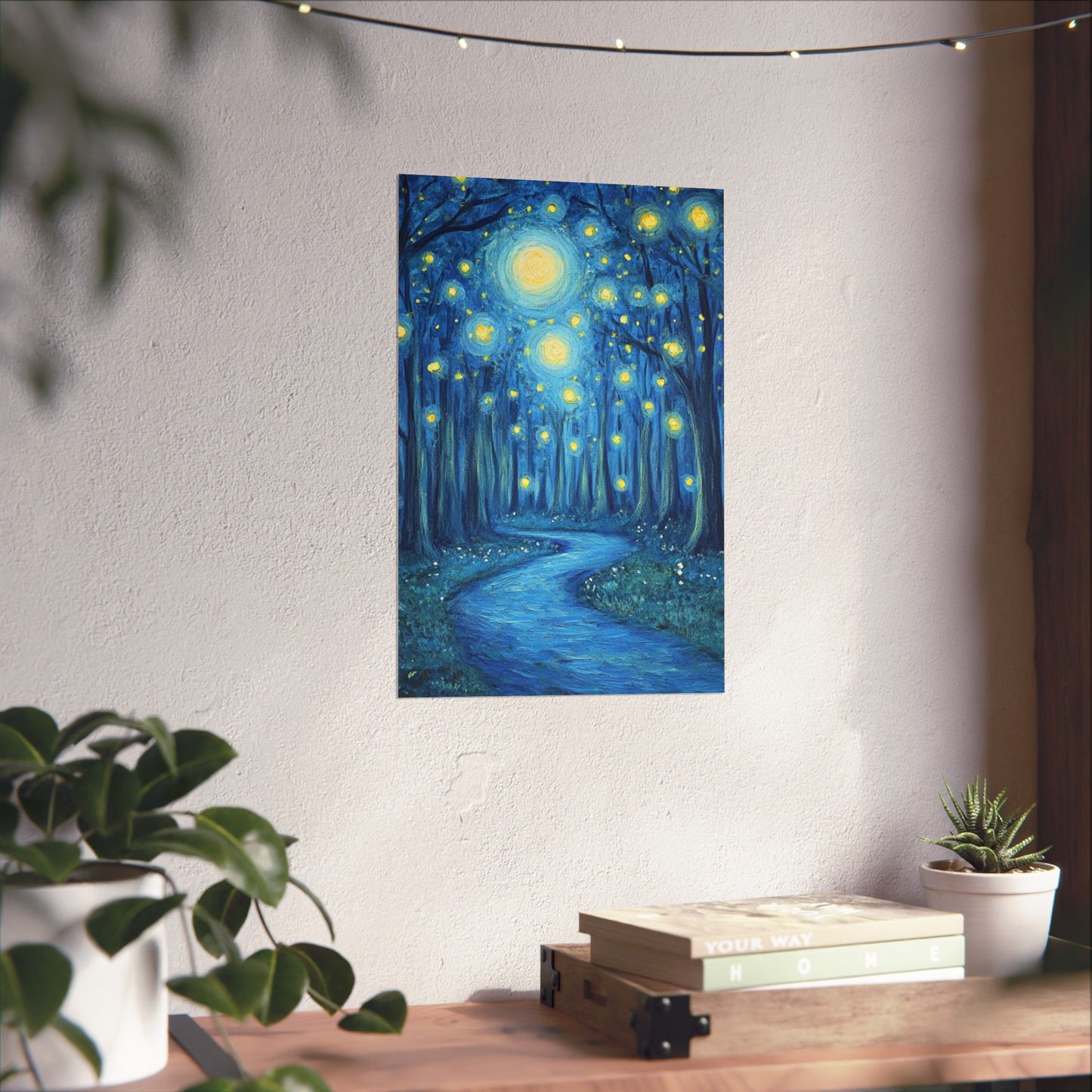 Dreamy Night - Fireflies in the Forest - Fine Art Painting - Print - Matte Vertical Poster - Magical Blue Aesthetic Wall Art