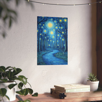 Dreamy Night - Fireflies in the Forest - Fine Art Painting - Print - Matte Vertical Poster - Magical Blue Aesthetic Wall Art