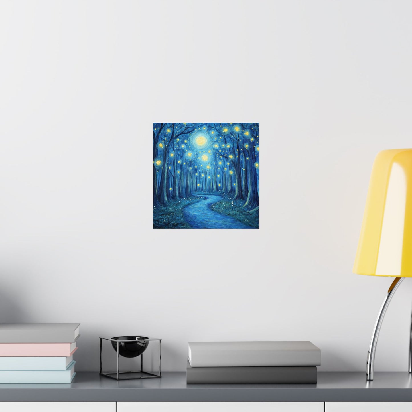 Dreamy Night - Fireflies in the Forest - Fine Art Painting - Print - Matte Vertical Poster - Magical Blue Aesthetic Wall Art