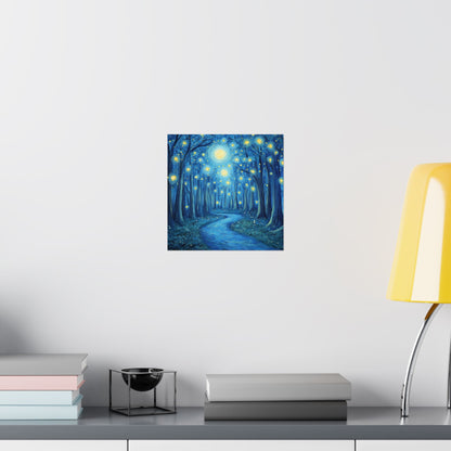 Dreamy Night - Fireflies in the Forest - Fine Art Painting - Print - Matte Vertical Poster - Magical Blue Aesthetic Wall Art