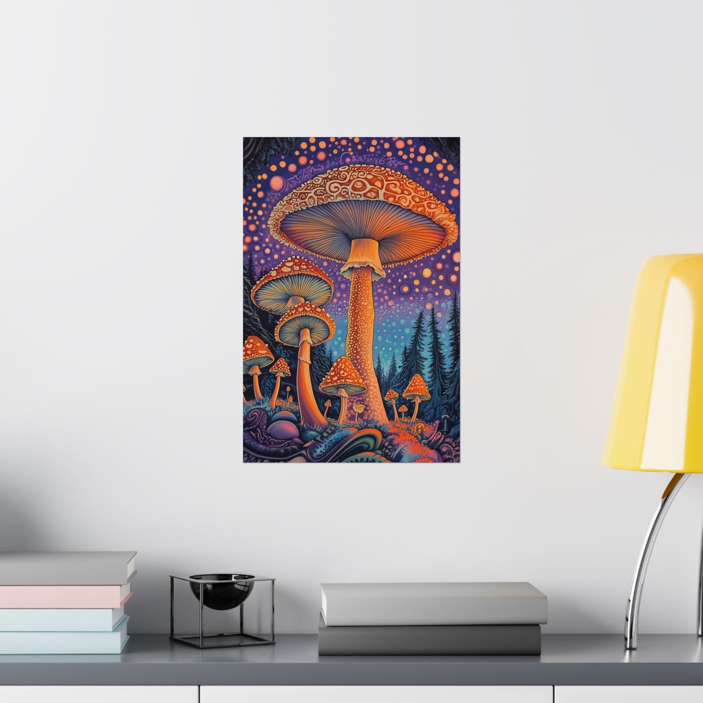 Psychedelic Night Mushroom Art Print - Vertical Poster - Vibrant Wall Art - Nature - Trippy - Bedroom Poster
