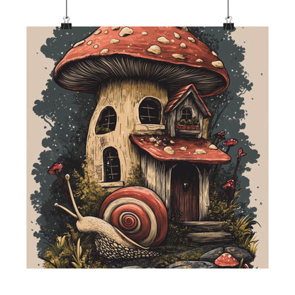 Whimsical Snail Mushroom House - Vertical Botanical Poster - Perfect for Dorm Room or Bedroom Wall Art