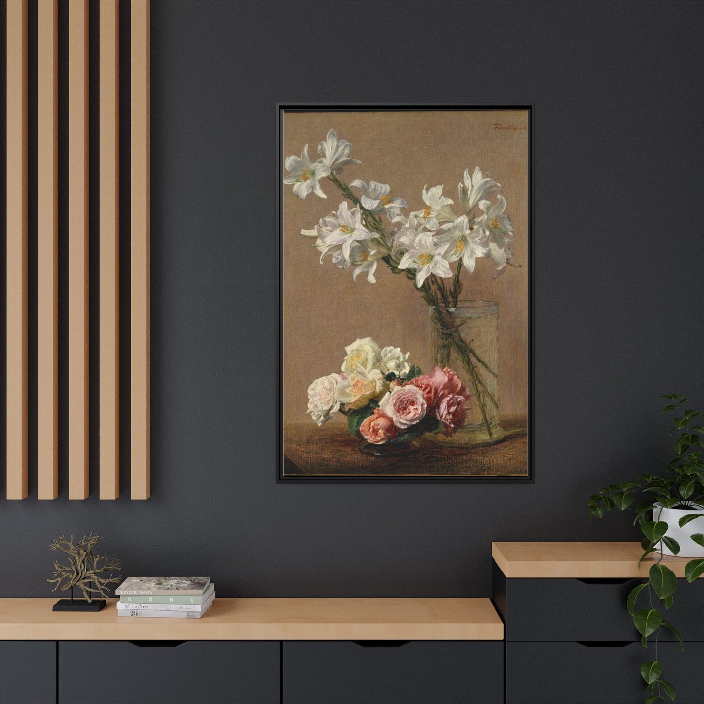 Henri Fantin-Latour : Roses and Lilies (1888) - Giclee Fine Art Print - Museum Collection Framed Canvas Print