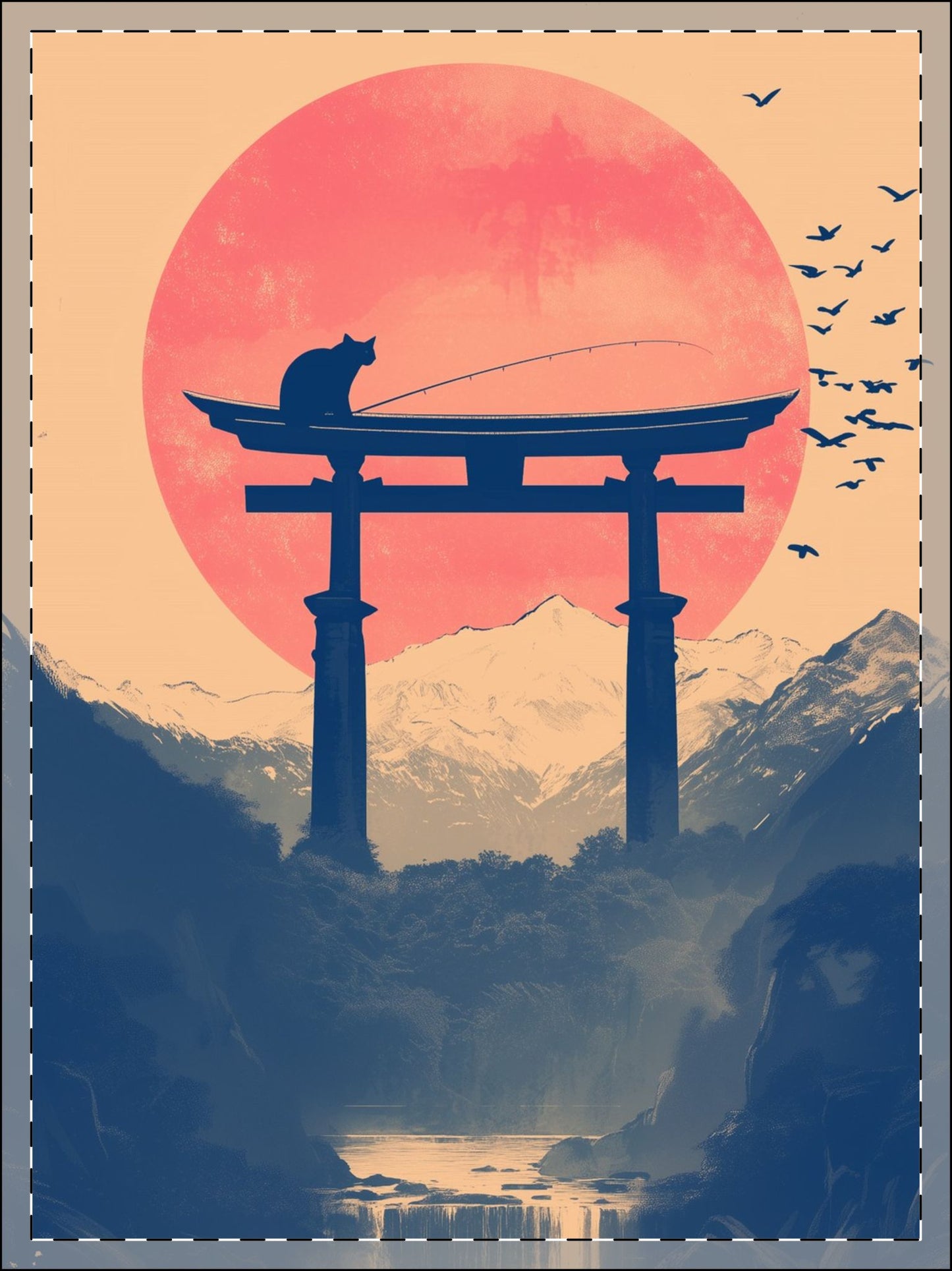 Cat on Torii Gate Zen Japanese Framed Wall Art