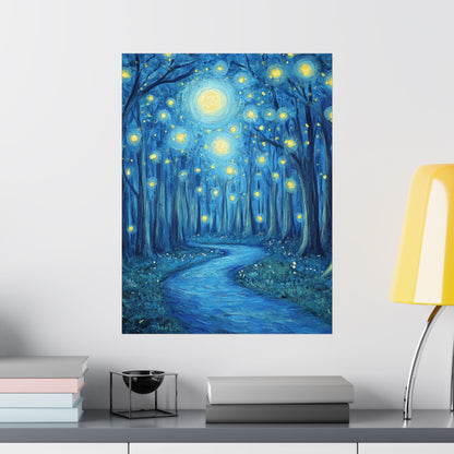 Dreamy Night - Fireflies in the Forest - Fine Art Painting - Print - Matte Vertical Poster - Magical Blue Aesthetic Wall Art